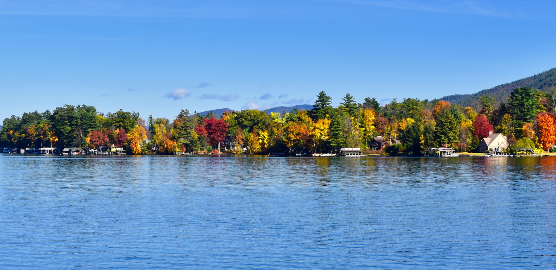 Lake George vacation cabin rental at Takundewide Cottages on Lake George view of fall foliage on Cleverdale, NY