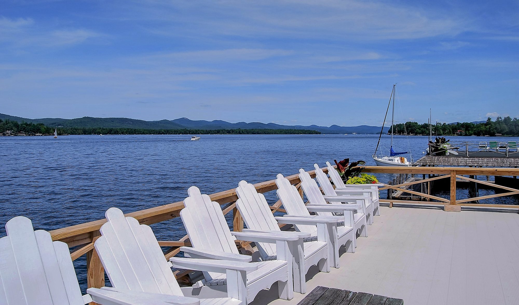 View of Lake George from boathouse sundecks at Takundewide Cottages on Lake George