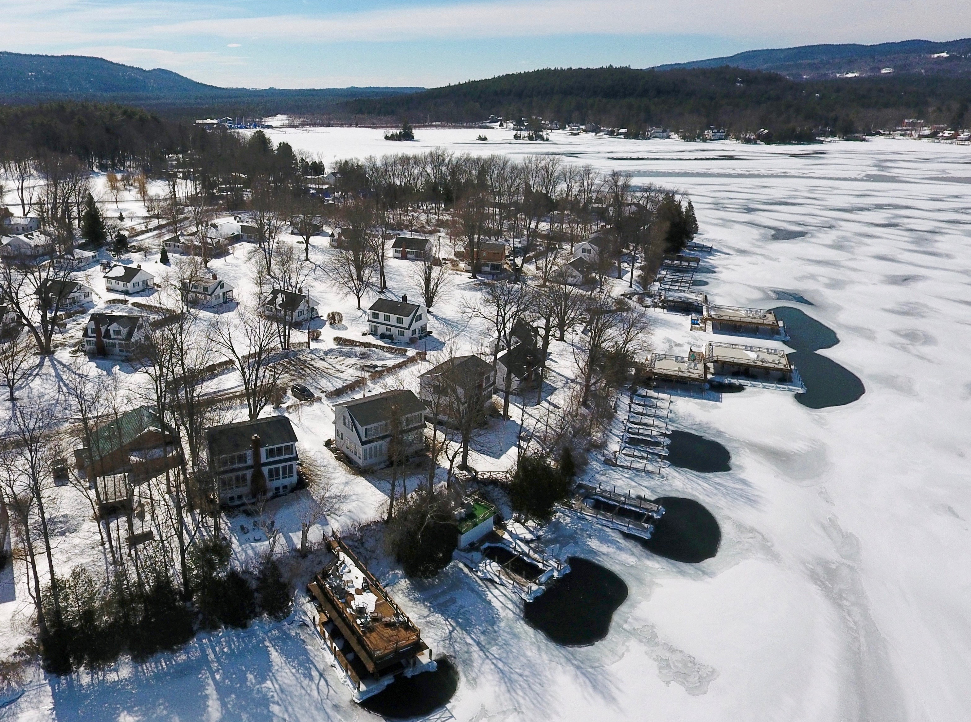 looking over Takundewide Cottages on Lake George during the winter