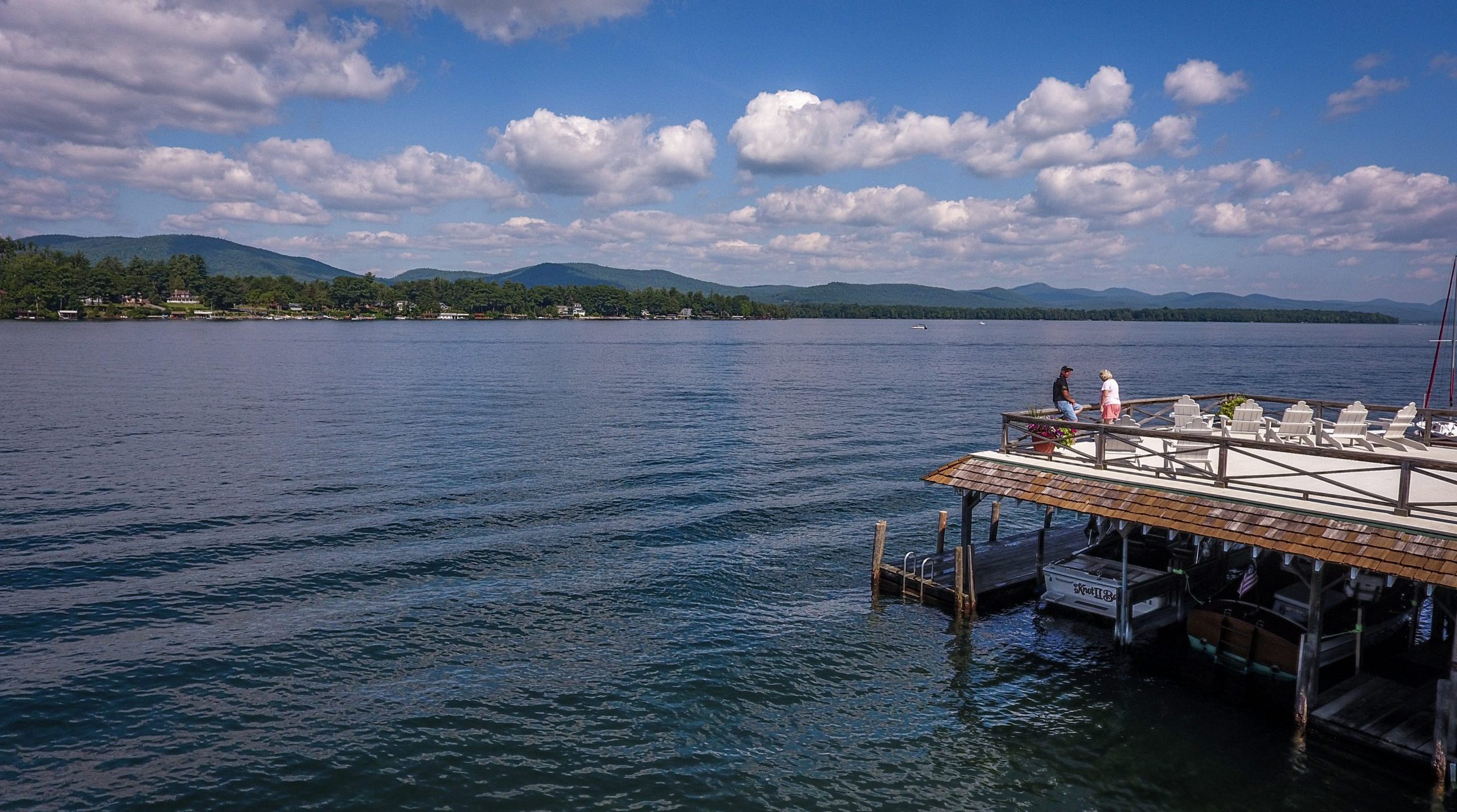 Lake George vacation rental cabins boathouse sundeck with spectacular view