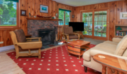 Takundewide lake view Cottage #13 living room with TV and fireplace